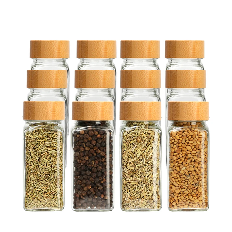 12 customize salt bottle square 4oz glass spice jars with shaker lids and Airtight bamboo lids