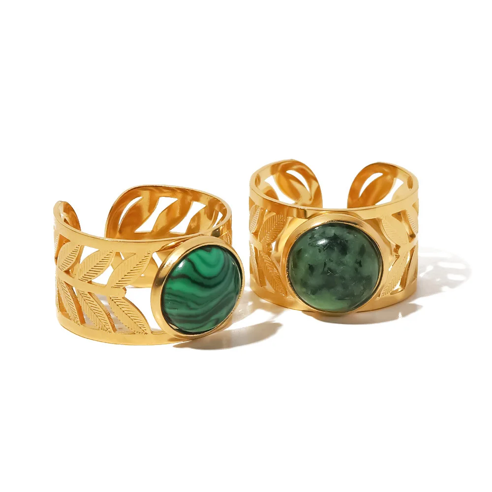 Stainless Steel Hollowed Leaf Round African Turquoise Adjustable Rings 18K Gold Plated  Adjustable Round Green Malachite Ring