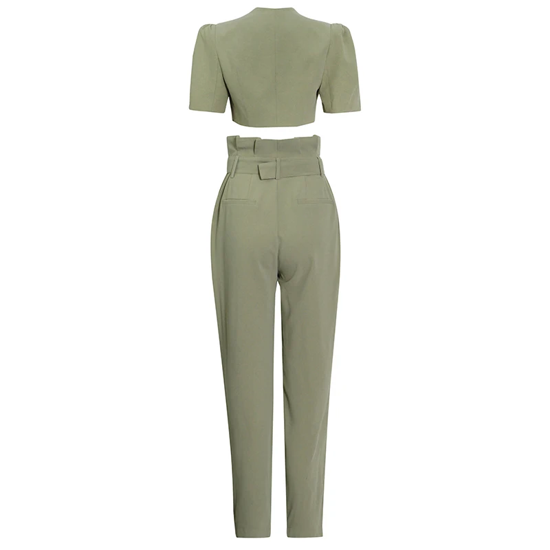 
ONEINALL V Neck Short Sleeve Tops High Waist Harem Pants Solid Sets Female Fashion 2021 