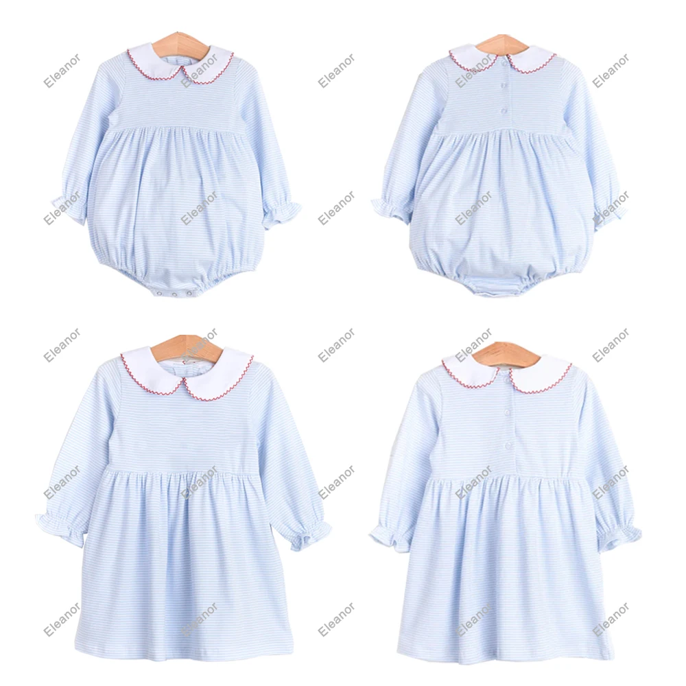 Boutique light blue stripe knitting children girls dresses long sleeve collared picot trim toddler cotton dress for kids