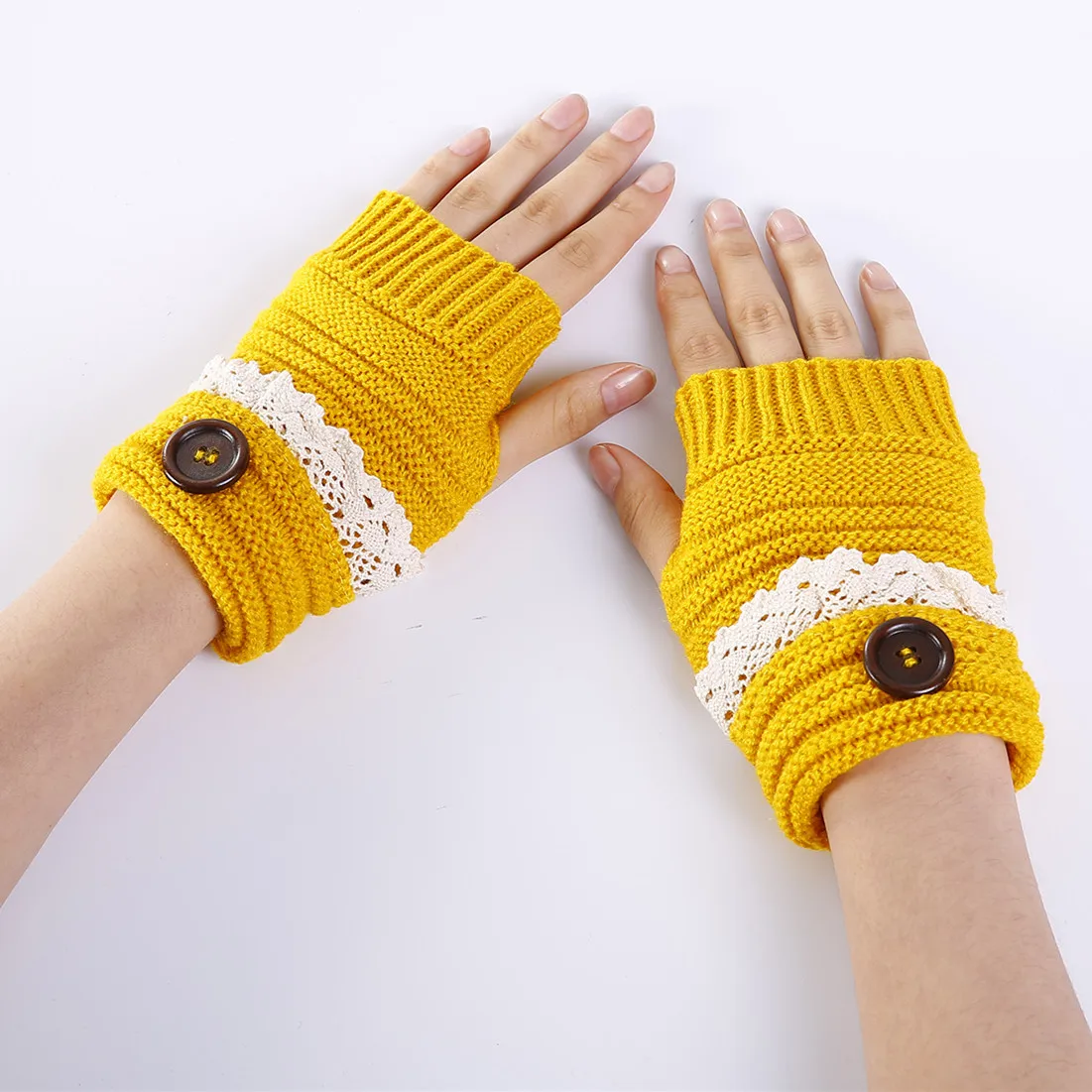 Wholesale Women Fall Winter Short Cuff Lace Patchwork Warm Knit Fingerless Gloves Hand Crochet Thumbhole Arm Warmers Mittens