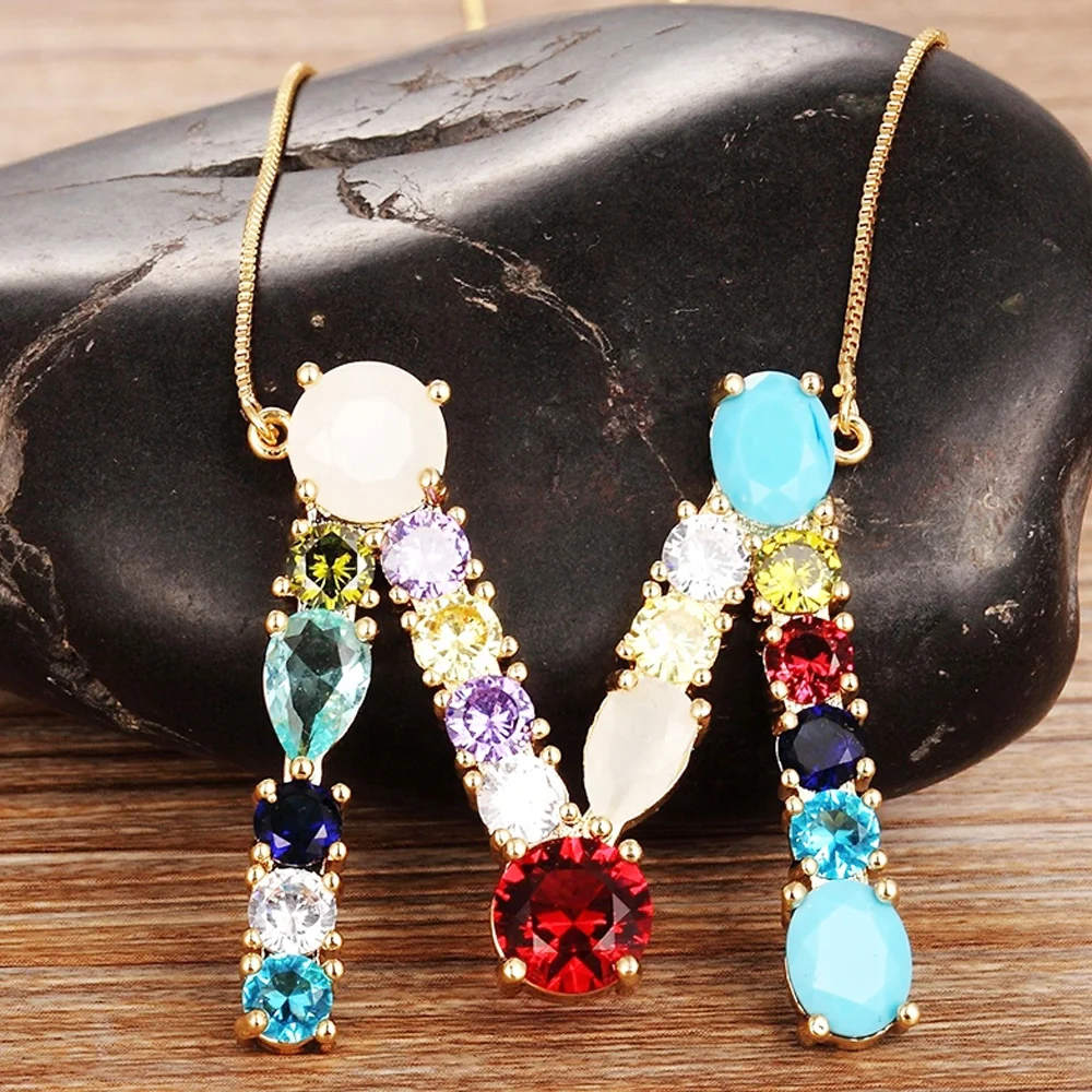 High Quality Wholesale 26 Letters Multi-color CZ Necklace DIY Copper Pendant Women Girls Fine Party Jewelry Best Family Gifts