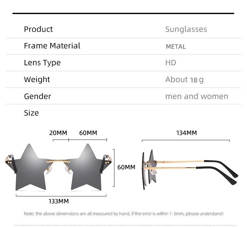 Factory OEM Dazzle Color Mens Rimless Metal Star Shaped Wholesale Sunglasses
