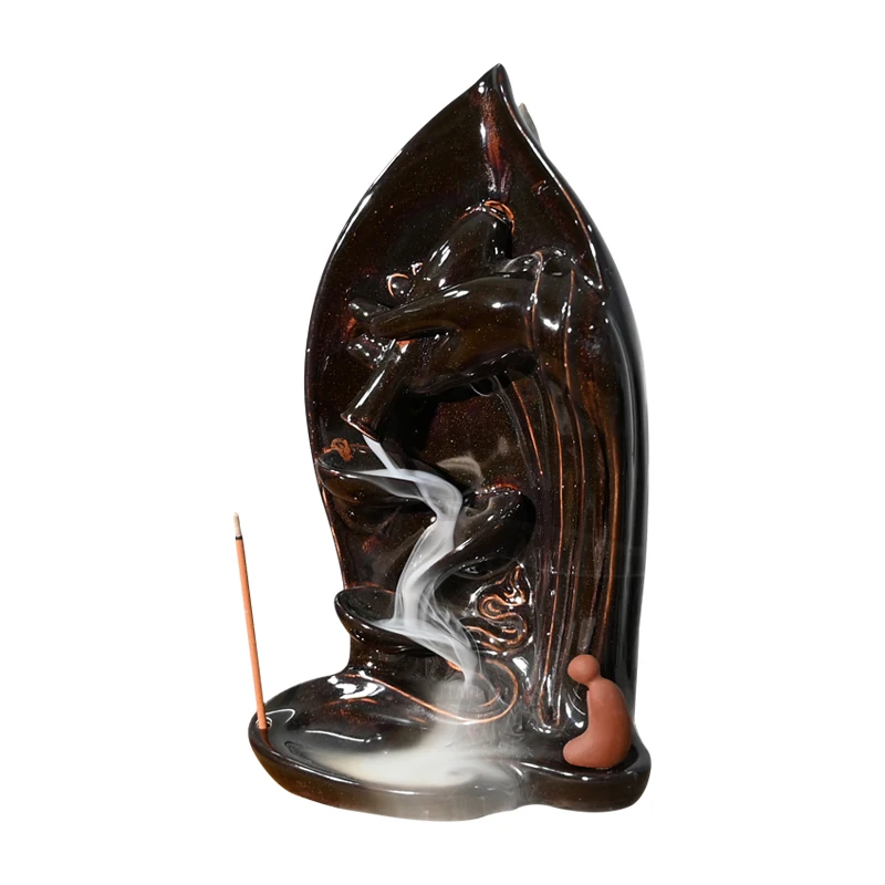 Shiny black glaze ceramic backflow incense burner waterfall