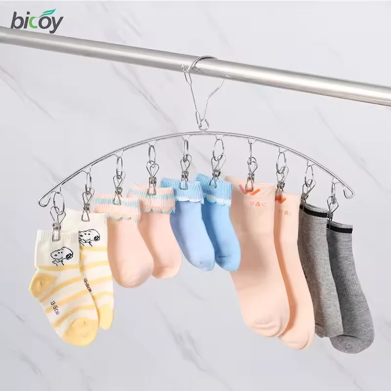 hot sales socks hanger with clips stainless steel clothes hanger sock drying hook scarf socks and underwear hanger