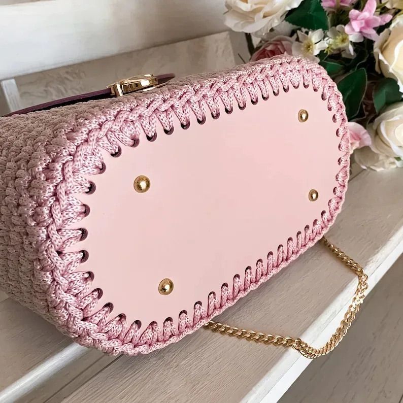 Custom Design Hand Knitting Shoulder Crochet Tote Bag Women Lady Pink Handmade Checkered Crochet Tote HandBag
