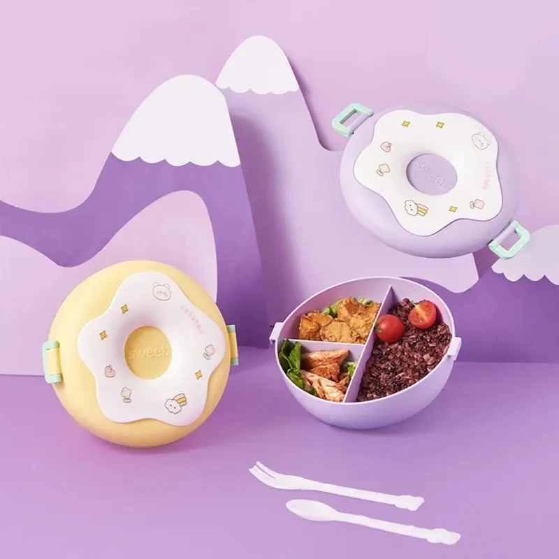 Donut lunch box cute children 1000ml large capacity 3 grids bento food box portable student lunch box with lid PP LunchBox