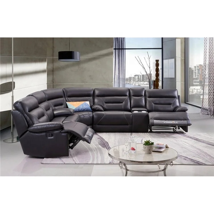 Full leather half leather u shape sofa 7 seater sectional couches manual recliner furnitures luxury