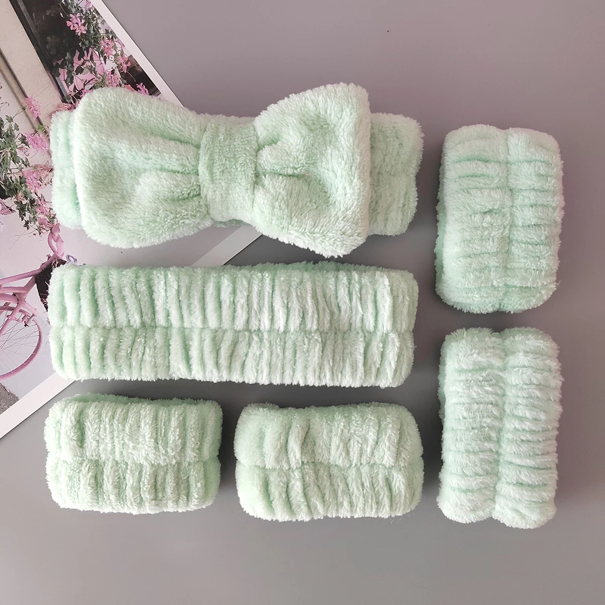 High quality spa solid color bow headband, flannel soft face and makeup wristband set