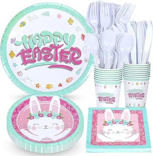 FZXC New Easter Bunny Disposable Tableware Set  Paper Plates Cups Napkins Plastic Cutlery For Easter Decoration Supplies