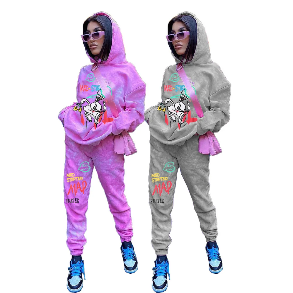 LW-9062 Hot popular design cartoon print women autumn and winter long sleeve hoodies and jogger two piece top & pants set