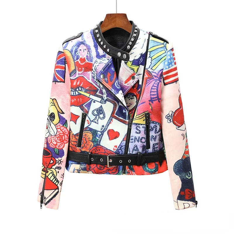 2022 New Arrivals Fashion Printed Rivet Punk Crop Motorcycle Stylish Jackets For Women