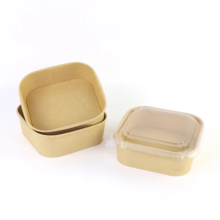 Factory Direct Compostable Biodegradable 750ml 1000ml 1200ml Square Kraft Paper Kraft Bowl Paper Food Container With PP PET Lid