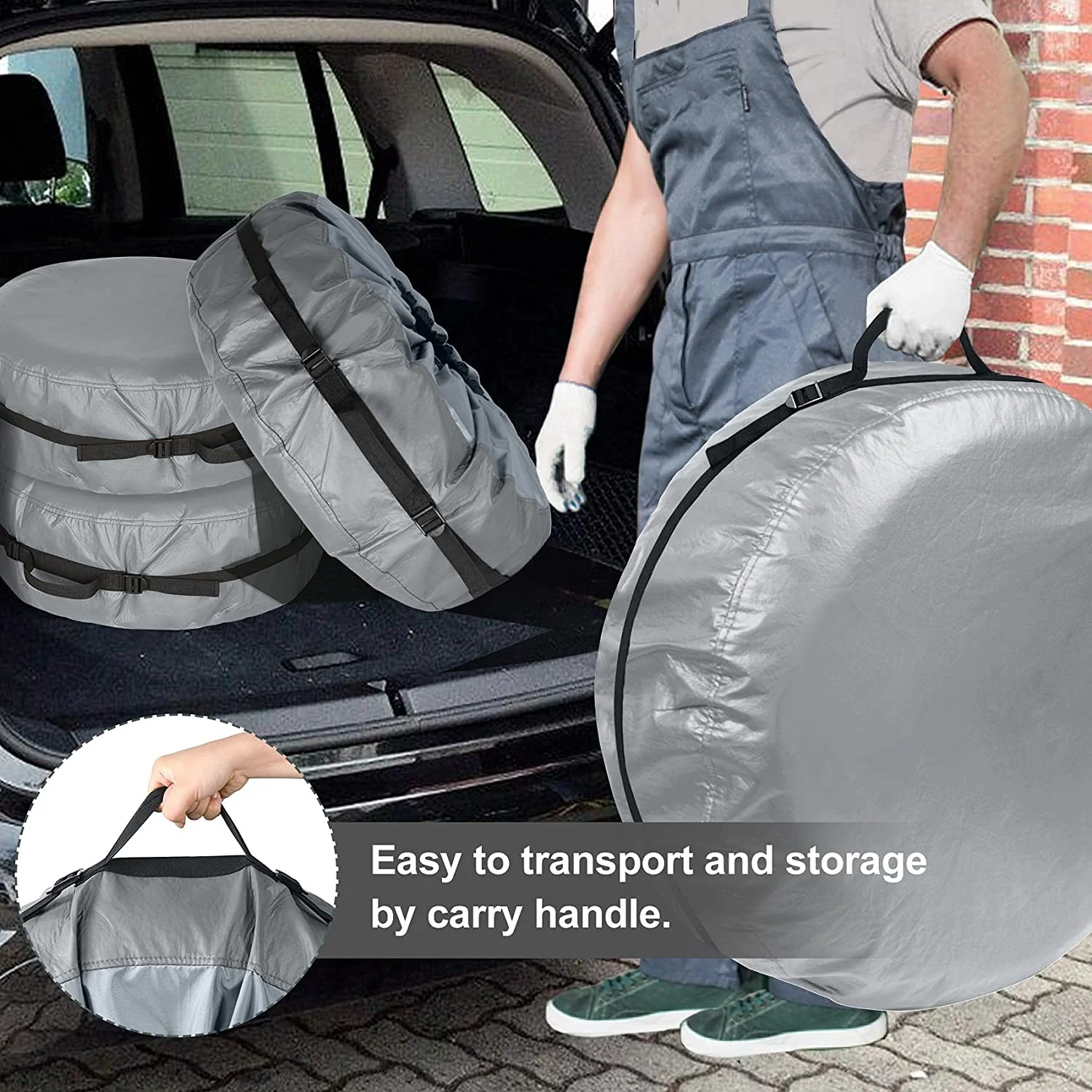 Tire Cover with Handle Seasonal Spare Tire Bag, Durable Winter Wheel Storage Tote Against Dust and Scratches, 4 Pack