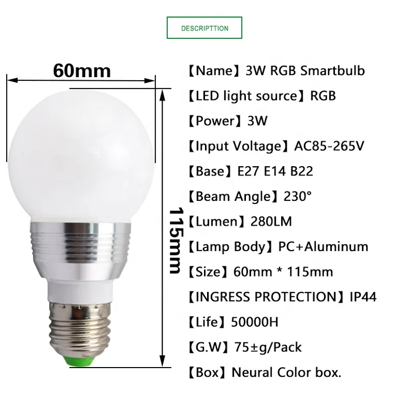 Новый стиль 85-265V 3W светодиодные лампы волшебное праздничное освещение Дистанционное управление 16 видов цветов e27 rgb Лампочка