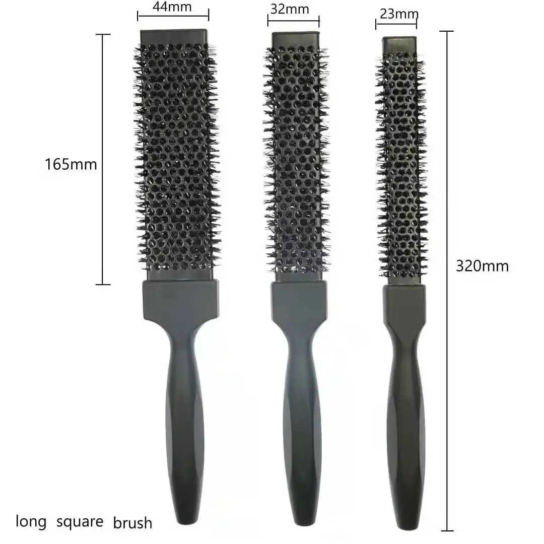 Barber New Design Anti-static Barber Curling Rotating Long Barrel Square Hair Styling Brush with long Wood Handle