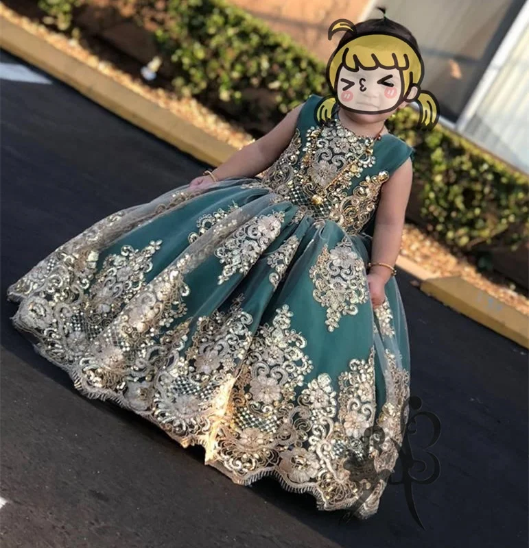 nedark  green with sequins flower girl dress party birthday wedding ball gown