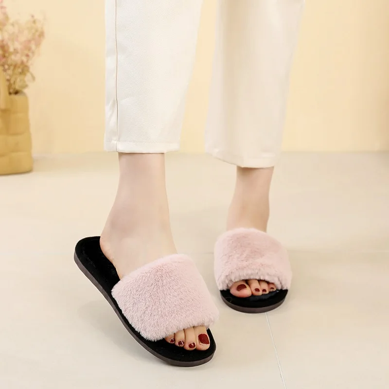 Women home character slippers open toe leopard plush slippers printed pattern winter slippers for ladies girls