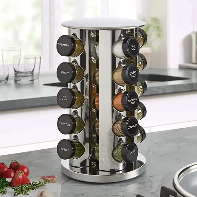12 16 20 PCS Spice Jars Revolving Rack Glass Seasoning Set With Stainless Steel