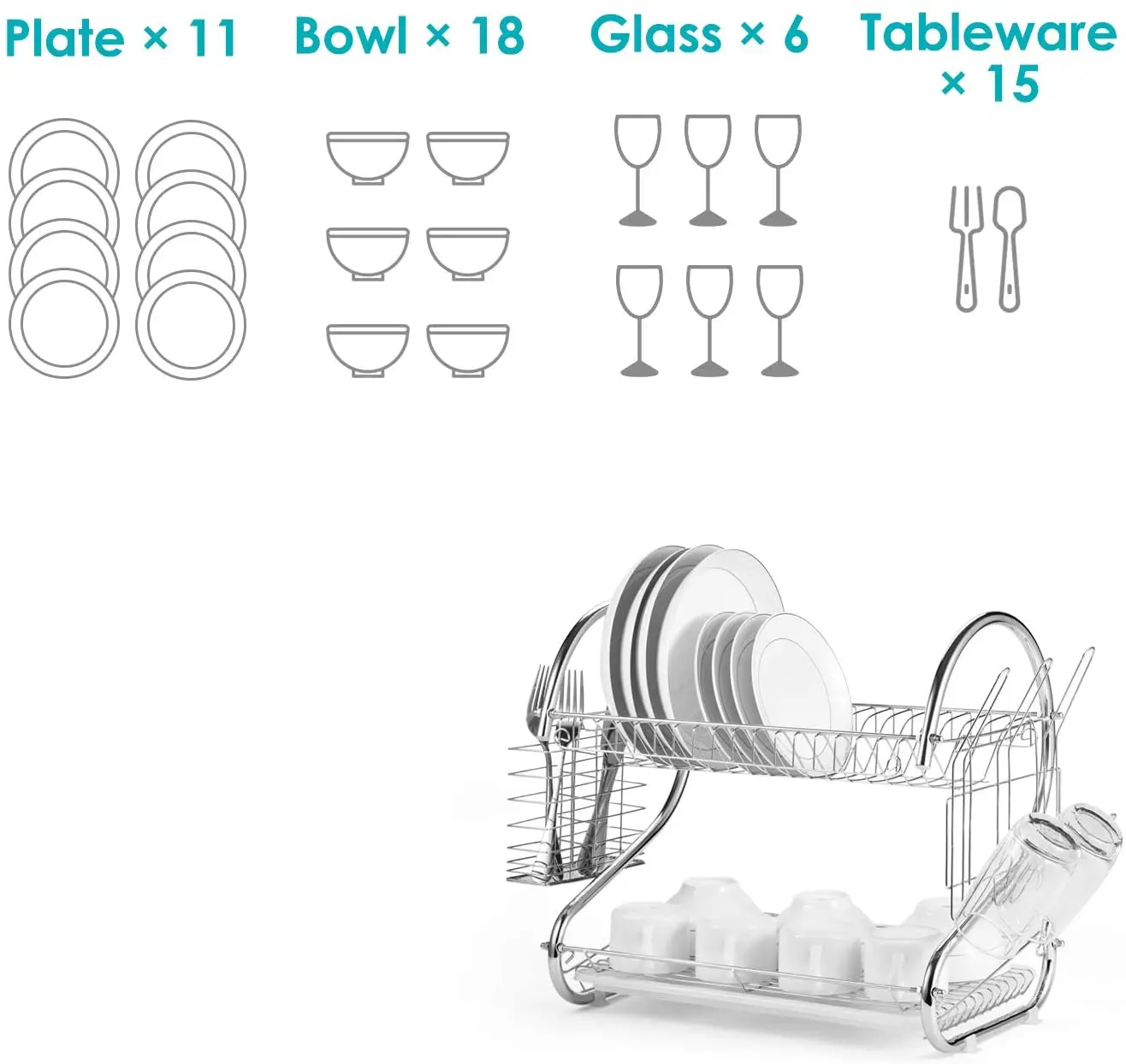 2-Tier Full Sized Dish Drying Rack with Utensil Holder and Cup Holder with Dish Water Drain Board Tray Rustproof Chrome Plating