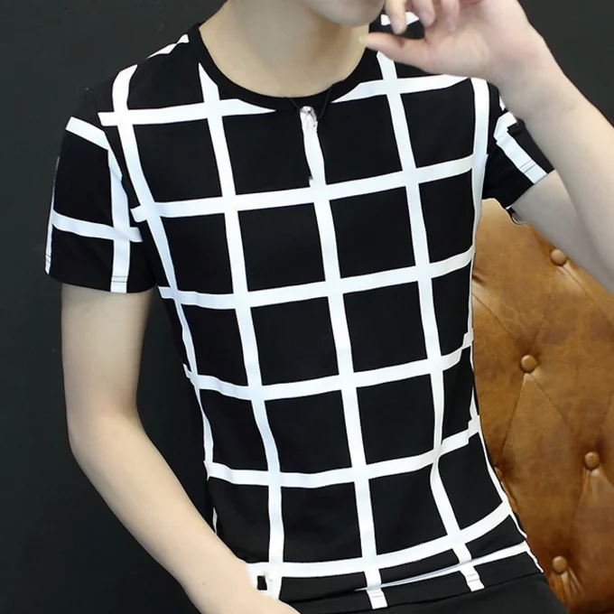 
Cheap Male T Shirts Men Plaid T-shirts Summer Man Printed T-Shirt 