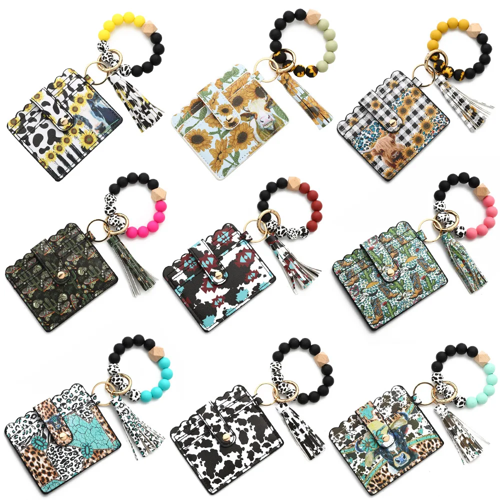 Hot Sale Western Style Card Holder Bag Leopard Wallet Wristlet Bangle Silicone Beads Bracelet Wallet Keychain