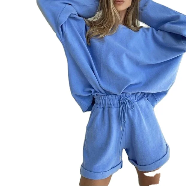
Custom sportswear oversized long sleeves sweat shorts matching tracksuit sets 