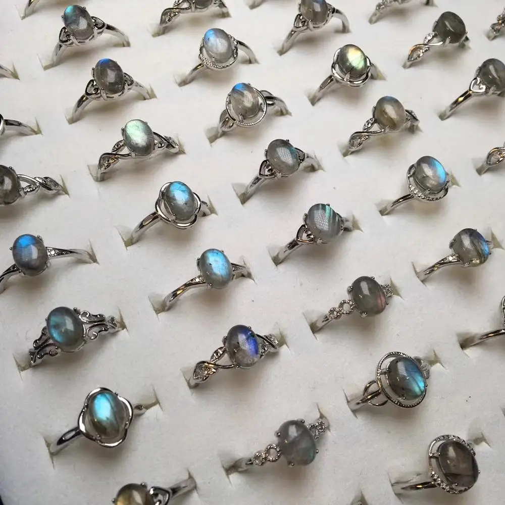 Resizable natural gemstones Crystal rings labradorite finger rings strong flash for valentine gifts