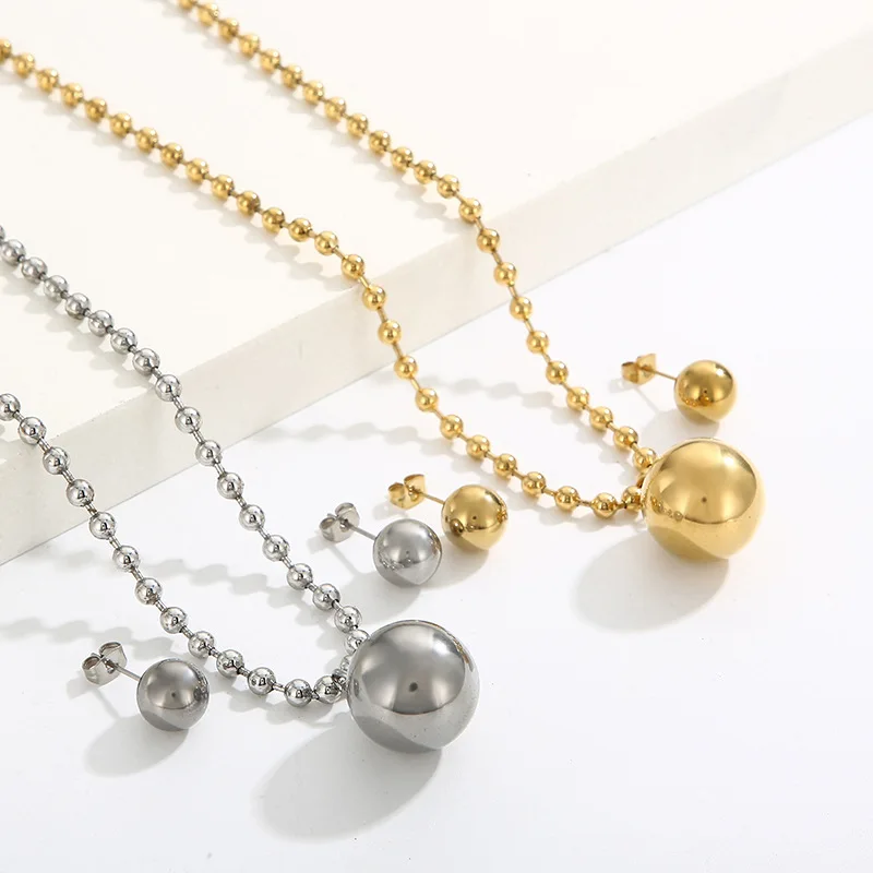 New Arriving 2pcs/Set Stainless Steel Jewelry Set Hollow Ball Pendant Necklace Simple Stud Earrings Women Fine Jewelry Gift Set