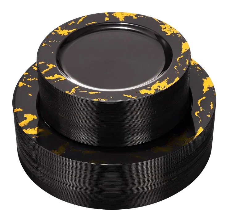 Черные с золотом Свадебные красивые одноразовые обеденные тарелки