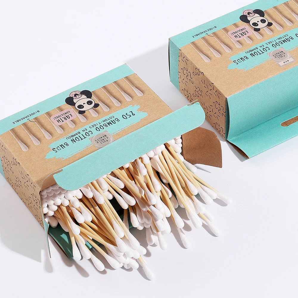 
250PCS 100% Disposable Ear Cleaning Bamboo Stick Cotton Swabs Eco Friendly Cotton Bud In Square Kraft Paper Box 