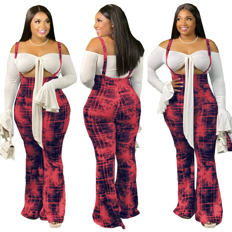 X6015-fall clothing for women plus size plaid suspender flare pants one piece jumpsuit