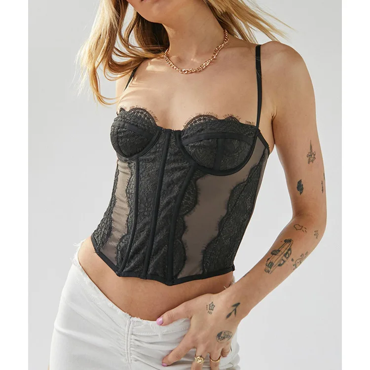 Vintage sleeveless blouse lace sexy cropped top funky Y2K fashion short shirt tank top custom size sleeveless crop top for women