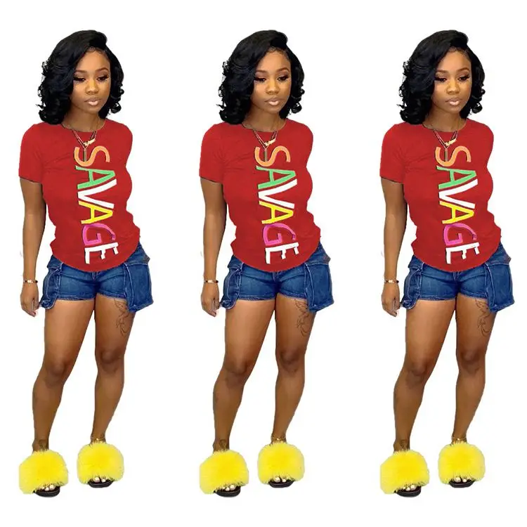 
0819M359 Casual Summer Hot Selling Round Neckline Letter Digital Printed Ladies Tshirt Trendy Design Women Solid Fashion T Shirt 