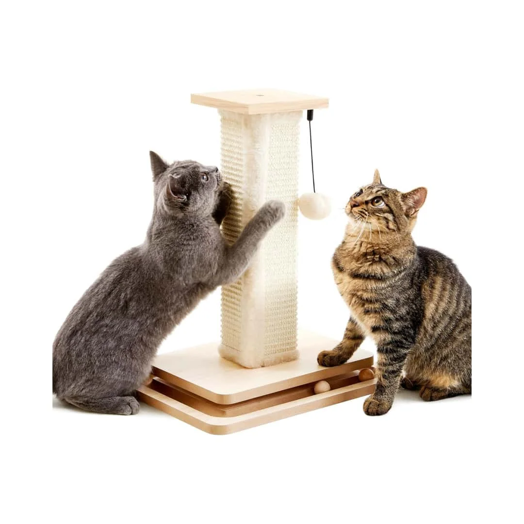 Beige large square cat climbing tower with natural sisal rope and interactive trackball toy