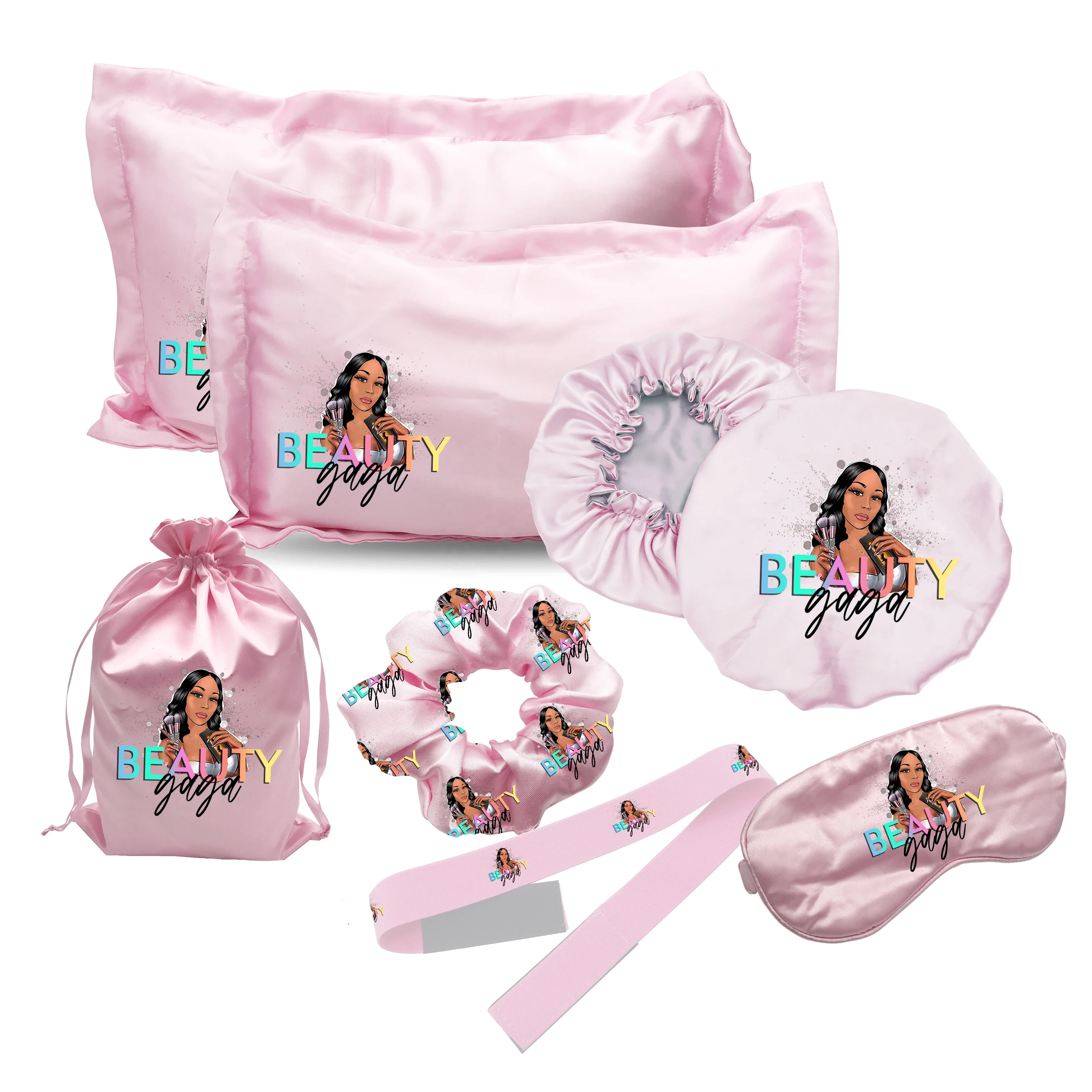 Custom logo satin Bonnet Pillow case eye mask hair band reversible hair satin Sleep bonnets