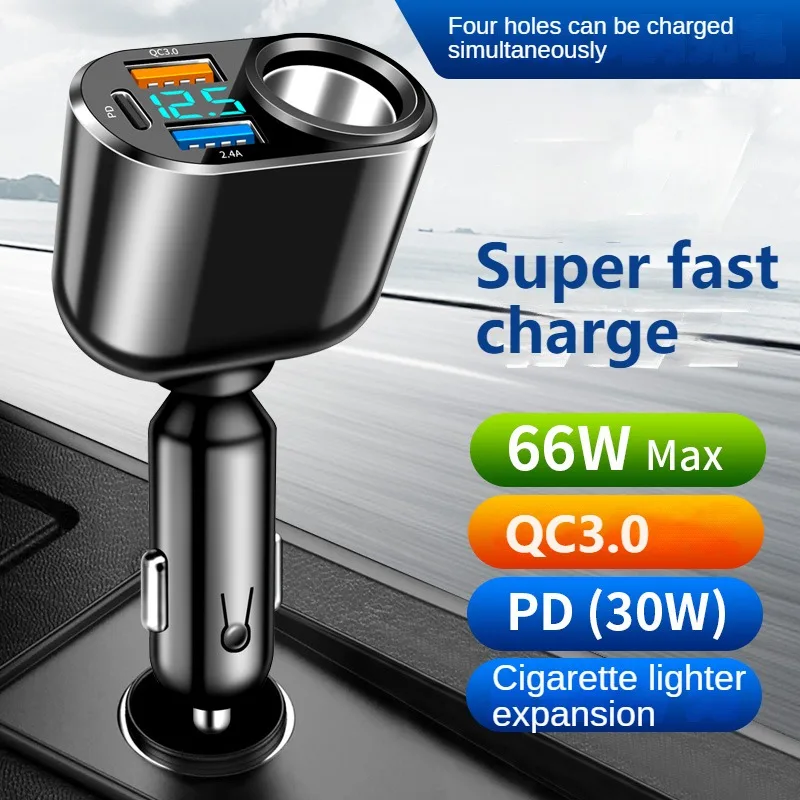 New Arrivals Car charger with LED digital display 30W 4 in 1 Quick Adapter Cigarette Light Expansion Type C PD Car charging stat