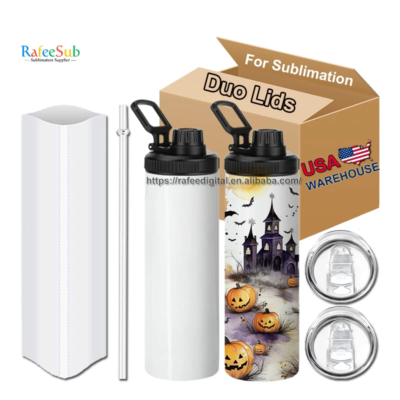 20oz 20 oz Leak Proof Stainless Steel 600ml Thermal White Blank Sublimation Sport Water Bottle with Two 2 Handle Lids and Straw