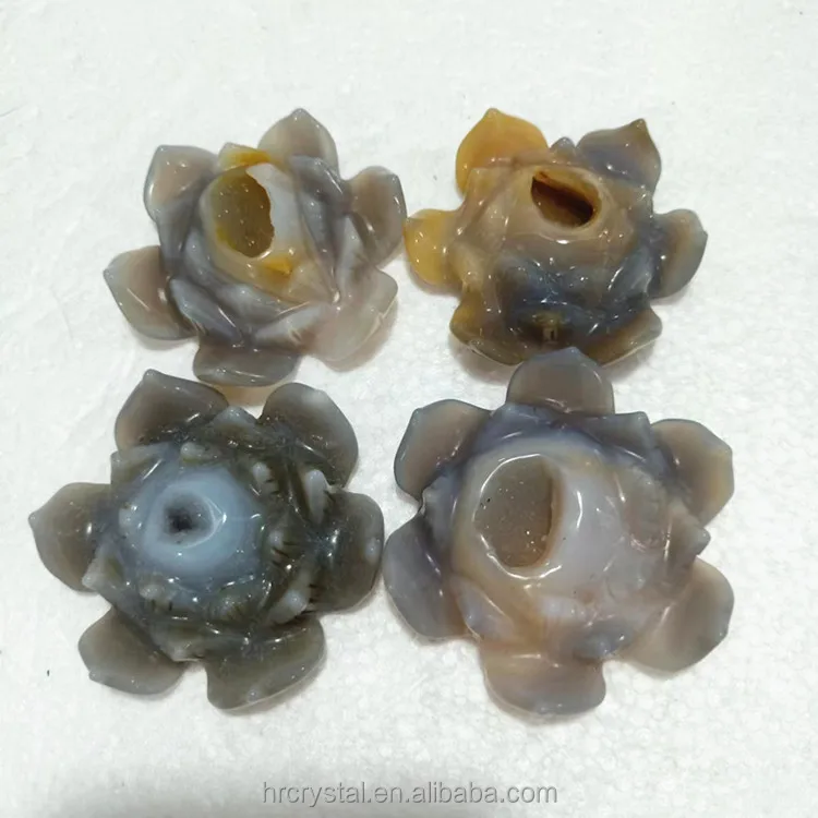 023 Semi-precious Stone Crafts Gemstone Druzy Agate Lotus Healing Geode Crystal Flowers Carving