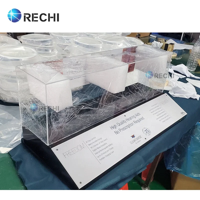 RECHI Custom Counter Acrylic Retail Demo POS Display Stand Case For Hearing-Aids Perspex Display Box With Sign for TWS Earphone