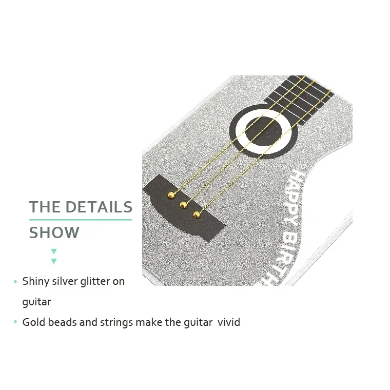 
New Design Custom Handmade Birthday Cards, Shiny Silver Glitter Guitar Greeting Cards 