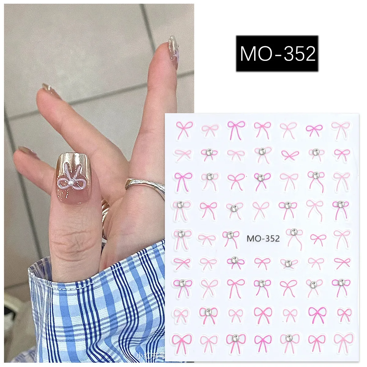 MO352/353 Nail Art Stickers with Crystal Diamond Pink Blue Bow Design Nail Decals Wholesale Nail Beauty