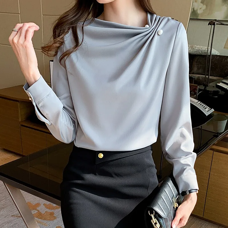 Summer Autumn Korean Design Retro Hong Kong Style Solid Long Sleeve Blouse Shirts with Beading 8360#