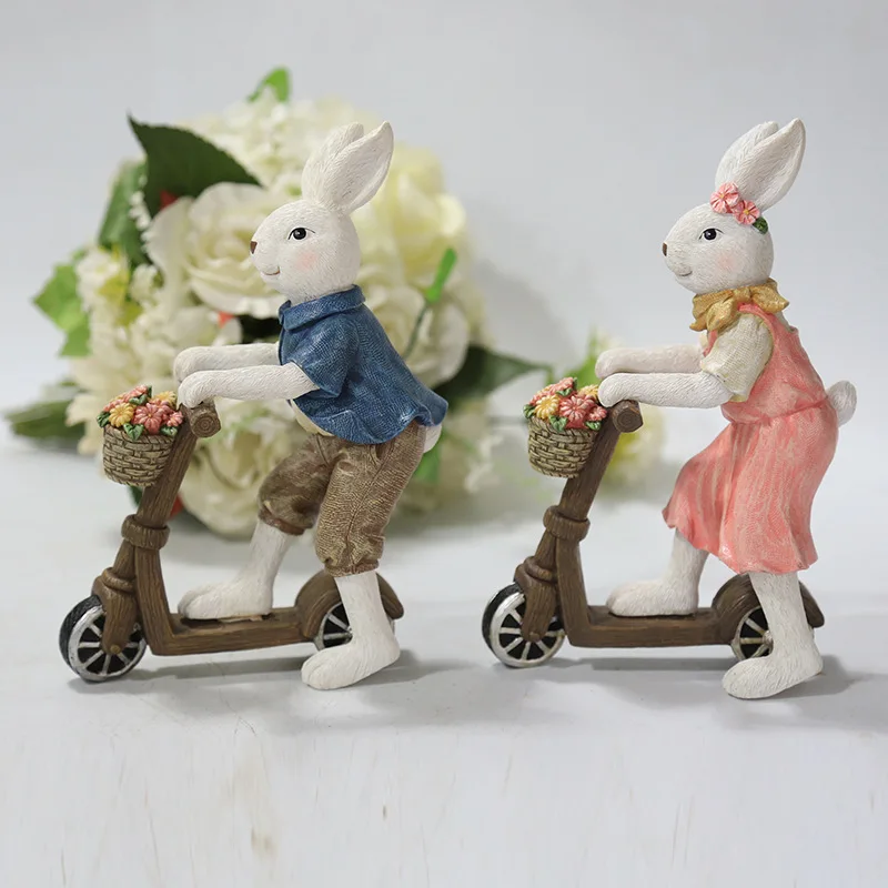 Creative Easter Gifts Home Window Decorations Resin Bike Ride With Flower Basket Rabbit Easter Decorative Sculpture