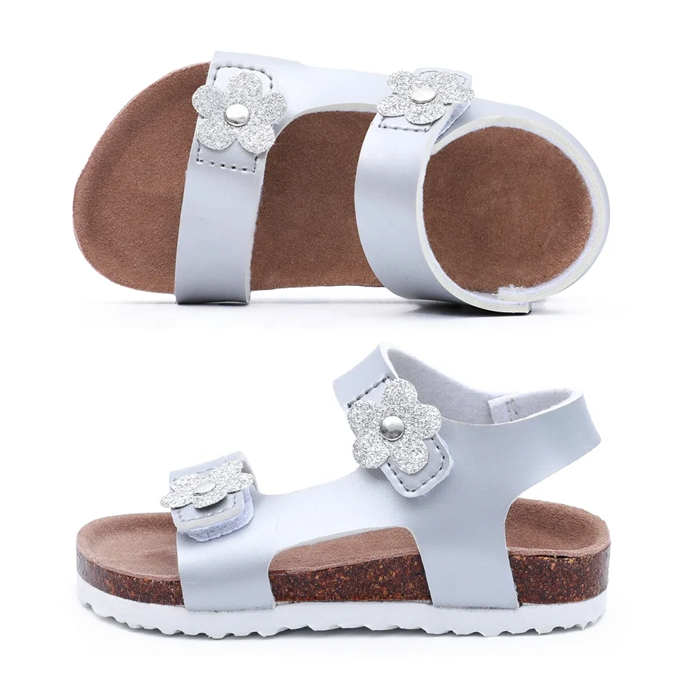 Hotsale High Quality Toddler Kid Girl Flower Sandals with Cow Leather Insole and Cork Foot-bed