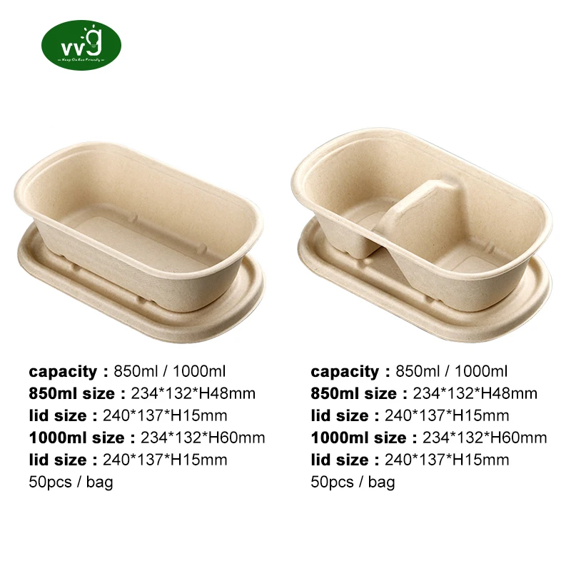 VVG high quality bagasse takeout container food packaging biodegradable 800/1000ml takeaway bagasse sugarcane box