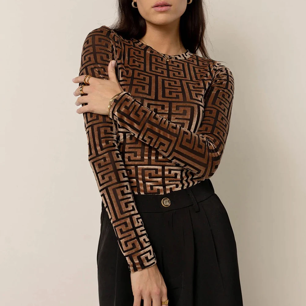 Long-sleeved High Waisted Spring new ladies club tops print stand collar sexy ladies club sexy blouse designs