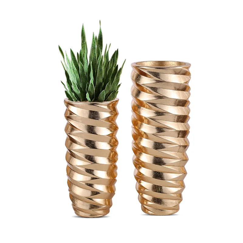 70/90cm Gold Flower Vases Home Decor Luxury Vases Flower Pots Factory Direct Sales Fiberglass Floor Vase Luxury Gold Planter