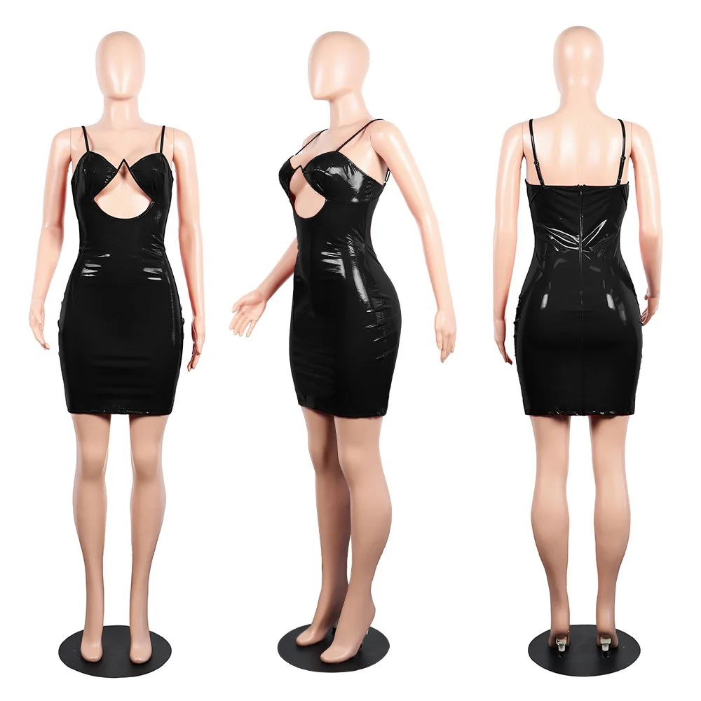 SAK8668 pu leather hollow out design women bodycon sexy night club dress