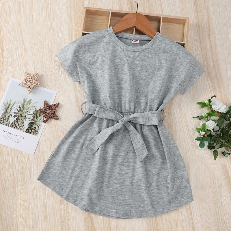 Custom Girls Kids Cotton Dresses Party Princess Designs Frock Short Sleeves Cotton Children Girl Dress With Belt